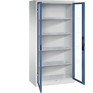 Sichtfenster-Flügeltürschrank, HxBxT 1950 x 930 x 500 mm, 4 Fachböden, lichtgrau / fernblau.