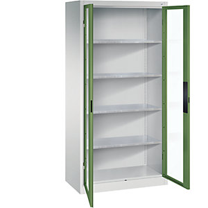 Sichtfenster-Flügeltürschrank, HxBxT 1950 x 930 x 500 mm, 4 Fachböden, lichtgrau / resedagrün.