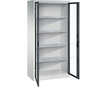 Sichtfenster-Flügeltürschrank, HxBxT 1950 x 930 x 500 mm, 4 Fachböden, lichtgrau / anthrazitgrau.