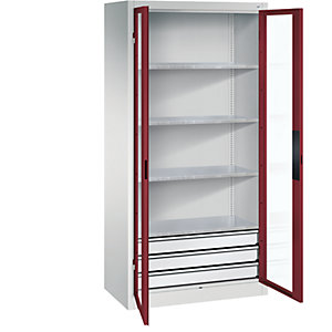 Sichtfenster-Flügeltürschrank, HxBxT 1950 x 930 x 500 mm, 4 Fachböden, 3 Schubladen, lichtgrau / rubinrot.