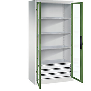 Sichtfenster-Flügeltürschrank, HxBxT 1950 x 930 x 500 mm, 4 Fachböden, 3 Schubladen, lichtgrau / resedagrün.