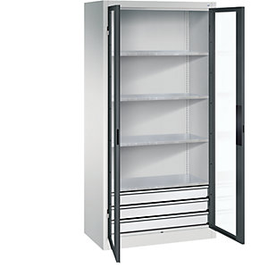 Sichtfenster-Flügeltürschrank, HxBxT 1950 x 930 x 500 mm, 4 Fachböden, 3 Schubladen, lichtgrau / anthrazitgrau.