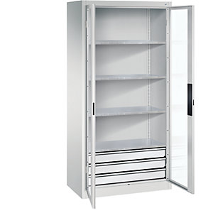 Sichtfenster-Flügeltürschrank, HxBxT 1950 x 930 x 500 mm, 4 Fachböden, 3 Schubladen, lichtgrau / lichtgrau.