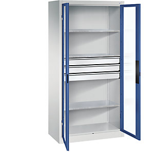 Sichtfenster-Flügeltürschrank, HxBxT 1950 x 930 x 500 mm, 3 Fachböden, 3 Schubladen, lichtgrau / enzianblau.