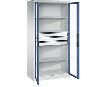Sichtfenster-Flügeltürschrank, HxBxT 1950 x 930 x 500 mm, 3 Fachböden, 3 Schubladen, lichtgrau / fernblau.