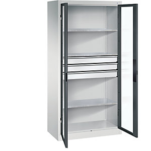 Sichtfenster-Flügeltürschrank, HxBxT 1950 x 930 x 500 mm, 3 Fachböden, 3 Schubladen, lichtgrau / anthrazitgrau.