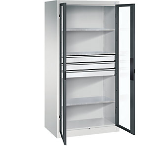 Sichtfenster-Flügeltürschrank, HxBxT 1950 x 930 x 600 mm, 3 Fachböden, 3 Schubladen, lichtgrau / anthrazitgrau.