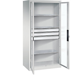 Sichtfenster-Flügeltürschrank, HxBxT 1950 x 930 x 600 mm, 3 Fachböden, 3 Schubladen, lichtgrau / lichtgrau.