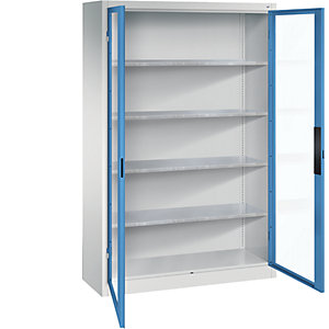 Sichtfenster-Flügeltürschrank, HxBxT 1950 x 1200 x 400 mm, 4 Fachböden, lichtgrau / lichtblau.