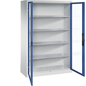 Sichtfenster-Flügeltürschrank, HxBxT 1950 x 1200 x 500 mm, 4 Fachböden, lichtgrau / enzianblau.