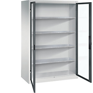 Sichtfenster-Flügeltürschrank, HxBxT 1950 x 1200 x 600 mm, 4 Fachböden, lichtgrau / anthrazitgrau.