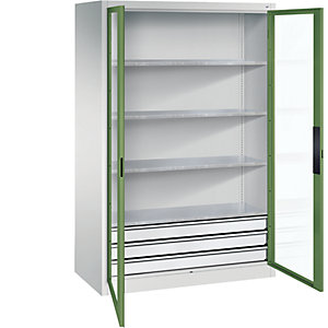 Sichtfenster-Flügeltürschrank, HxBxT 1950 x 1200 x 600 mm, 4 Fachböden, 3 Schubladen, lichtgrau / resedagrün.