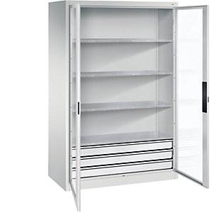 Sichtfenster-Flügeltürschrank, HxBxT 1950 x 1200 x 600 mm, 4 Fachböden, 3 Schubladen, lichtgrau / lichtgrau.