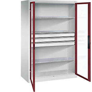Sichtfenster-Flügeltürschrank, HxBxT 1950 x 1200 x 600 mm, 3 Fachböden, 3 Schubladen, lichtgrau / rubinrot.
