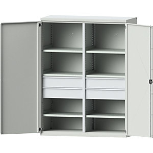 Schwerlastschrank JUMBO aus Stahlblech, 6 Fachböden, 4 Schubladen 180 mm hoch, lichtgrau/lichtgrau.