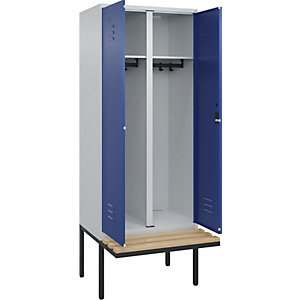 Schwarz-Weiß-Spind Classic PLUS Sitzbank, 1 Abteil, lichtgrau / enzianblau, B 800 mm, Zylinderschloss, auskragend, Buche-Hartholz.