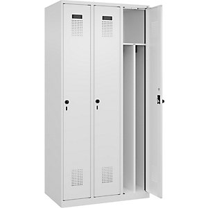 Schwarz-Weiß-Spind Evolo PLUS, schmal, 3 Abteile, Trennwand verkürzt, weiß, B 900 mm, mit Bodengleitern, Sicherheits-Drehriegel.