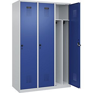 Schwarz-Weiß-Spind Evolo PLUS, schmal, 3 Abteile, Trennwand verkürzt, lichtgrau / enzianblau, B 1200 mm, mit Bodengleitern, Sicherheits-Drehriegel.