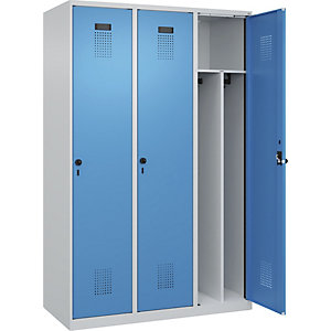 Schwarz-Weiß-Spind Evolo PLUS, schmal, 3 Abteile, Trennwand verkürzt, lichtgrau / lichtblau, B 1200 mm, mit Bodengleitern, Sicherheits-Drehriegel.