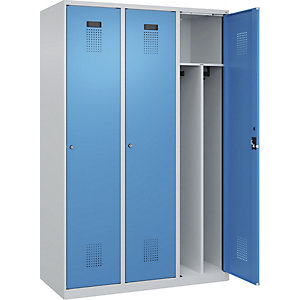 Schwarz-Weiß-Spind Evolo PLUS, schmal, 3 Abteile, Trennwand verkürzt, lichtgrau / lichtblau, B 1200 mm, mit Bodengleitern, Zylinderschloss.