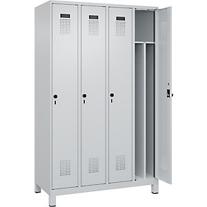 Schwarz-Weiß-Spind Evolo PLUS, schmal, 4 Abteile, Trennwand verkürzt, lichtgrau, B 1200 mm, mit breiten Füßen, Sicherheits-Drehriegel.