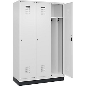 Schwarz-Weiß-Spind Evolo PLUS, schmal, 3 Abteile, Trennwand verkürzt, weiß, B 1200 mm, mit Bodensockel, Zylinderschloss.