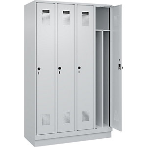 Schwarz-Weiß-Spind Evolo PLUS, schmal, 4 Abteile, Trennwand verkürzt, lichtgrau, B 1200 mm, mit Bodensockel, Sicherheits-Drehriegel.