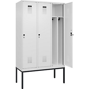 Schwarz-Weiß-Spind Evolo PLUS, schmal, 3 Abteile, Trennwand verkürzt, weiß, B 1200 mm, mit schmalen Füßen, Sicherheits-Drehriegel.