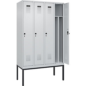Schwarz-Weiß-Spind Evolo PLUS, schmal, 4 Abteile, Trennwand verkürzt, lichtgrau, B 1200 mm, mit schmalen Füßen, Sicherheits-Drehriegel.