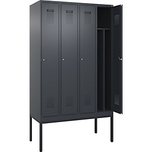 Schwarz-Weiß-Spind Evolo PLUS, schmal, 4 Abteile, Trennwand verkürzt, grau, B 1200 mm, mit schmalen Füßen, Zylinderschloss.