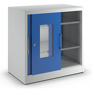 Sichtfenster-Schiebetürschrank, mit 2 Fachböden, HxB 1000 x 1000 mm, Tiefe 600 mm, Türfarbe Enzianblau.