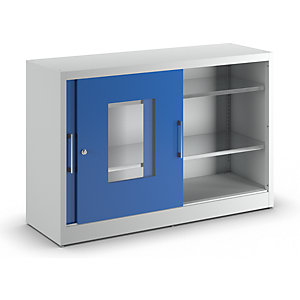 Sichtfenster-Schiebetürschrank, mit 2 x 2 Fachböden, HxB 1000 x 1500 mm, Tiefe 500 mm, Türfarbe Enzianblau.
