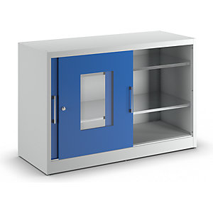Sichtfenster-Schiebetürschrank, mit 2 x 2 Fachböden, HxB 1000 x 1500 mm, Tiefe 600 mm, Türfarbe Enzianblau.