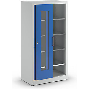 Sichtfenster-Schiebetürschrank, mit 4 Fachböden, HxB 1950 x 1000 mm, Tiefe 600 mm, Türfarbe Enzianblau.