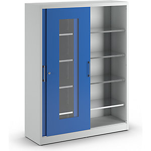 Sichtfenster-Schiebetürschrank, mit 2 x 4 Fachböden, HxB 1950 x 1500 mm, Tiefe 500 mm, Türfarbe Enzianblau.