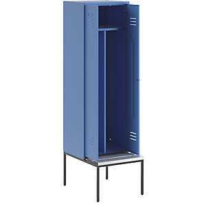Schwarz-Weiß-Spind Berlin 2 mit Sitzbank, 1 Abteil, lichtblau, B 600 mm, untergebaut, Kunststoff.
