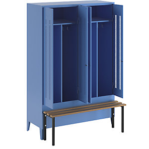 Schwarz-Weiß-Spind Berlin 1 mit Sitzbank, 2 Abteile, lichtblau, B 1200 mm, vorgebaut, Buchenholz.