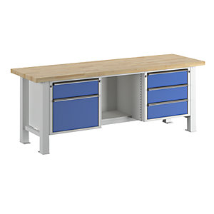 Schwerlast-Werkbank, Plattenbreite 2250 mm, mit 4 Schubladen und 1 Flügeltür, Plattenstärke 50 mm.