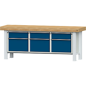 Schwerlast-Werkbank, Plattenbreite 2250 mm, mit 3 Schubladen und 3 Flügeltüren, Plattenstärke 100 mm.