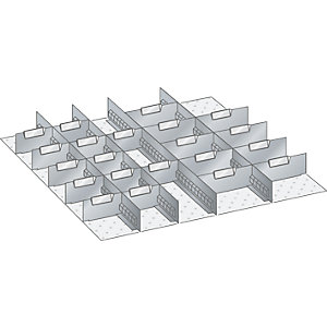 Schubladeneinteilungsmaterial-Set, 4 Schlitzwände und 21 Trennbleche, 25-teilig, für Fronthöhe 50 mm.