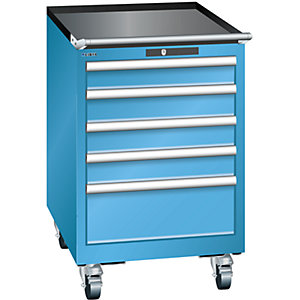 Schubladenschrank, Breite 564 mm, fahrbar, 5 Schubladen, HxT 890 x 572 mm, lichtblau.
