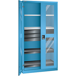 Sichtfensterschrank, HxBxT 1950 x 1000 x 580 mm, mit 2 Fachböden, 2 Auszugböden und 3 Schubladen, lichtblau.