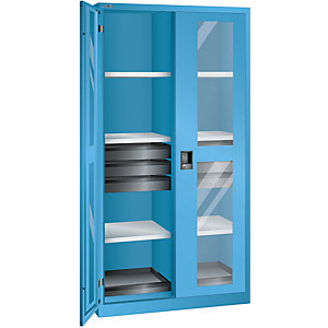 Sichtfensterschrank, HxBxT 1950 x 1000 x 580 mm, mit 8 Fachböden, 6 Schubladen, lichtblau.