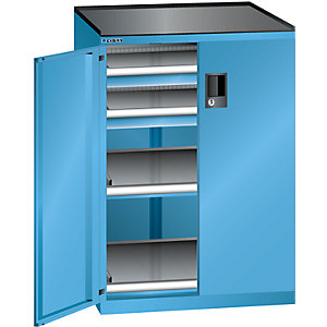 Schubladenschrank mit Flügeltüren, Höhe 1020 mm, 2 Böden, 2 Schubladen, Traglast 200 kg, lichtblau.