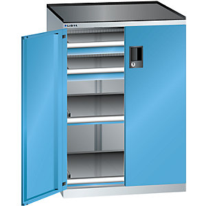 Schubladenschrank mit Flügeltüren, Höhe 1020 mm, 2 Böden, 2 Schubladen, Traglast 200 kg, lichtgrau / lichtblau.