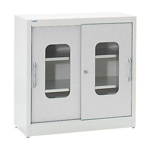 Sichtfenster-Schiebetürschrank, mit 2 Fachböden, HxB 1000 x 1000 mm, Tiefe 500 mm, Türfarbe Lichtgrau.
